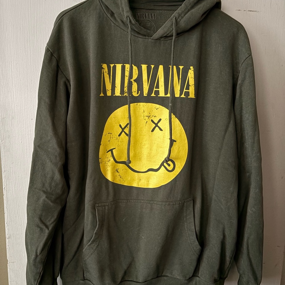 NIRVANA Olive Green Hoodie Sweatshirt with logo Size Large